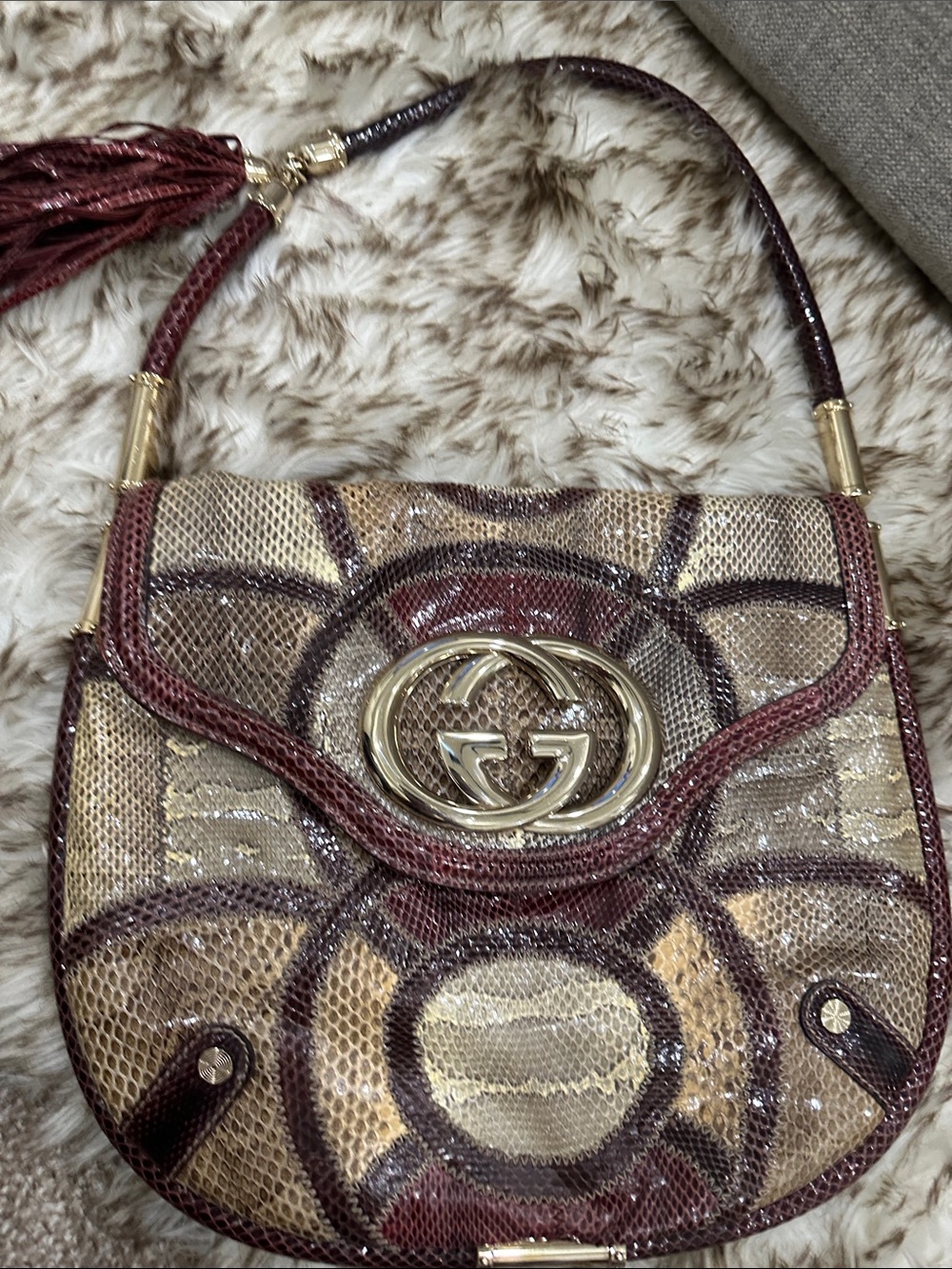 GUCCI Burgundy, Gold and Tan GG PURE SNAKESKIN Shoulder Bag W/tassel.